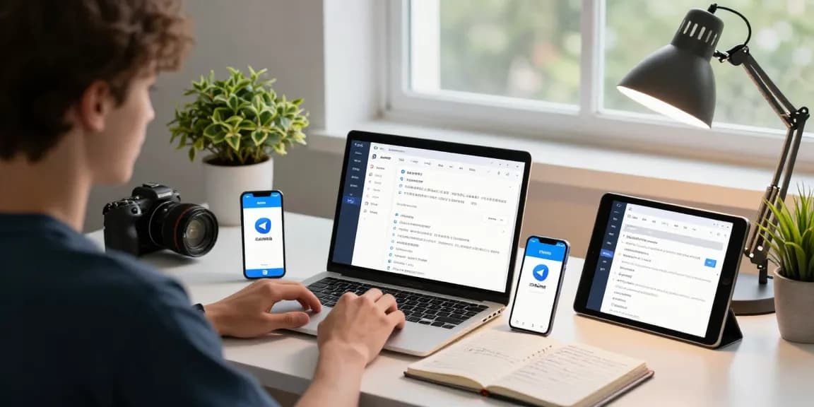 Engaging workspace showing Telegram Chinese interface on devices, highlighting modern tech usage.