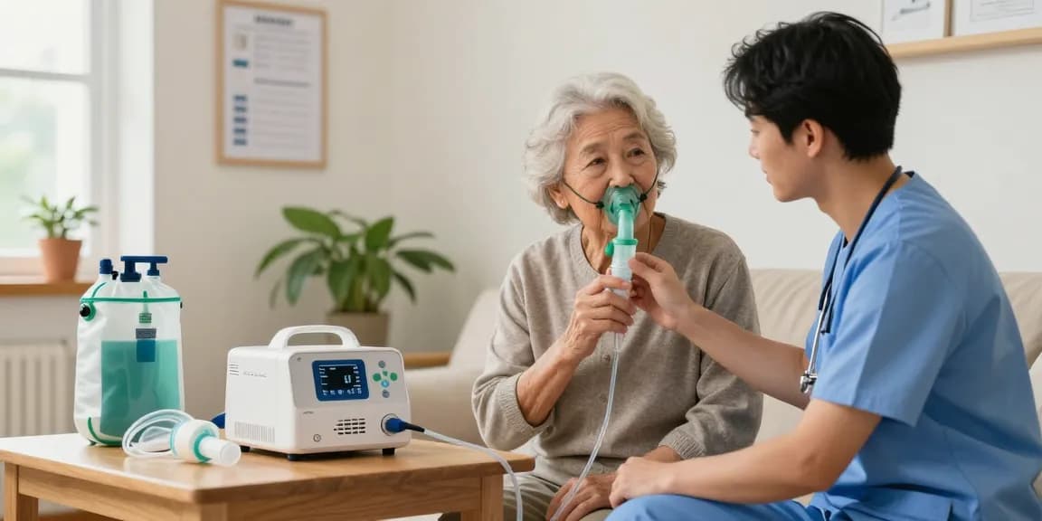 Caregiver adjusting oxygen concentrator supplies for elderly patient in a warm healthcare setting.