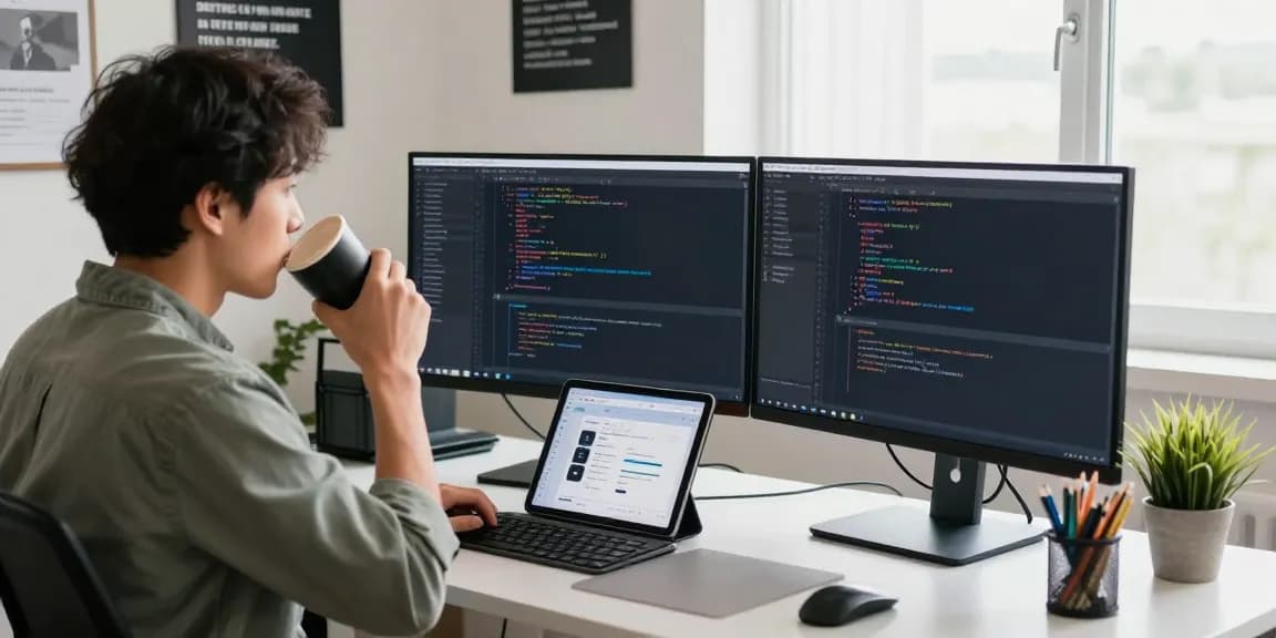 Developer working at dual monitors in a bright office, showcasing the WPS Official Website.