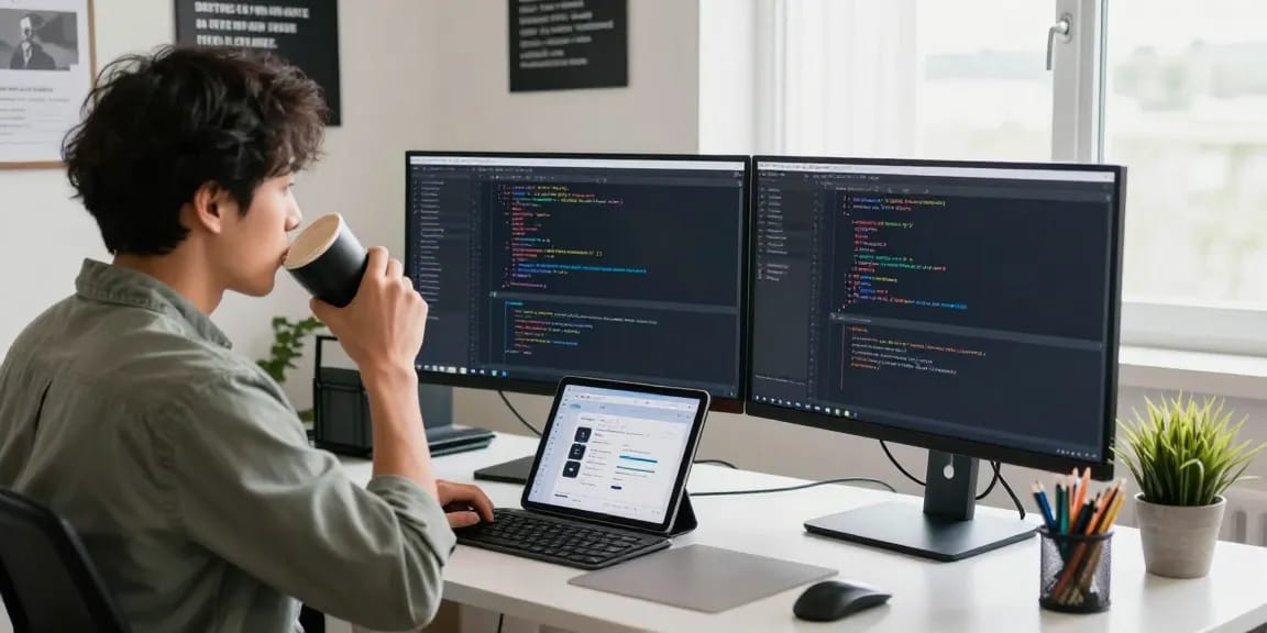 Developer working at dual monitors in a bright office, showcasing the WPS Official Website.