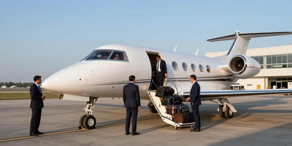 Air charter services Ontario: Business leaders boarding a Piper PA-31 Navajo aircraft at a private airport.
