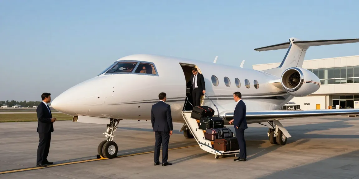 Air charter services Ontario: Business leaders boarding a Piper PA-31 Navajo aircraft at a private airport.