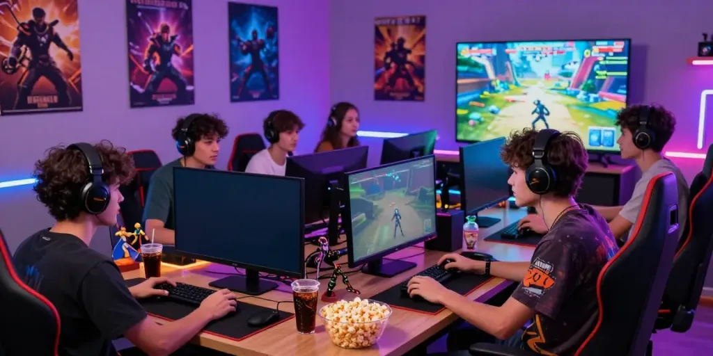 Group enjoying gaming night with rokok88 theme, colorful setup and snacks.
