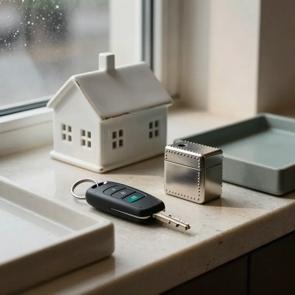 Macro lending-lobby still life with house model, car fob, lockbox and file trays on rain-damp stone.