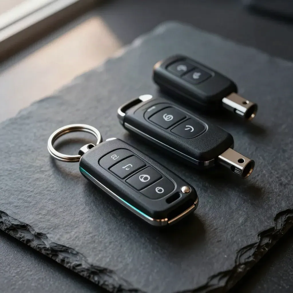 Black key fob, alloy wheel cap and ignition ring on slate in a cinematic auto-finance still life.