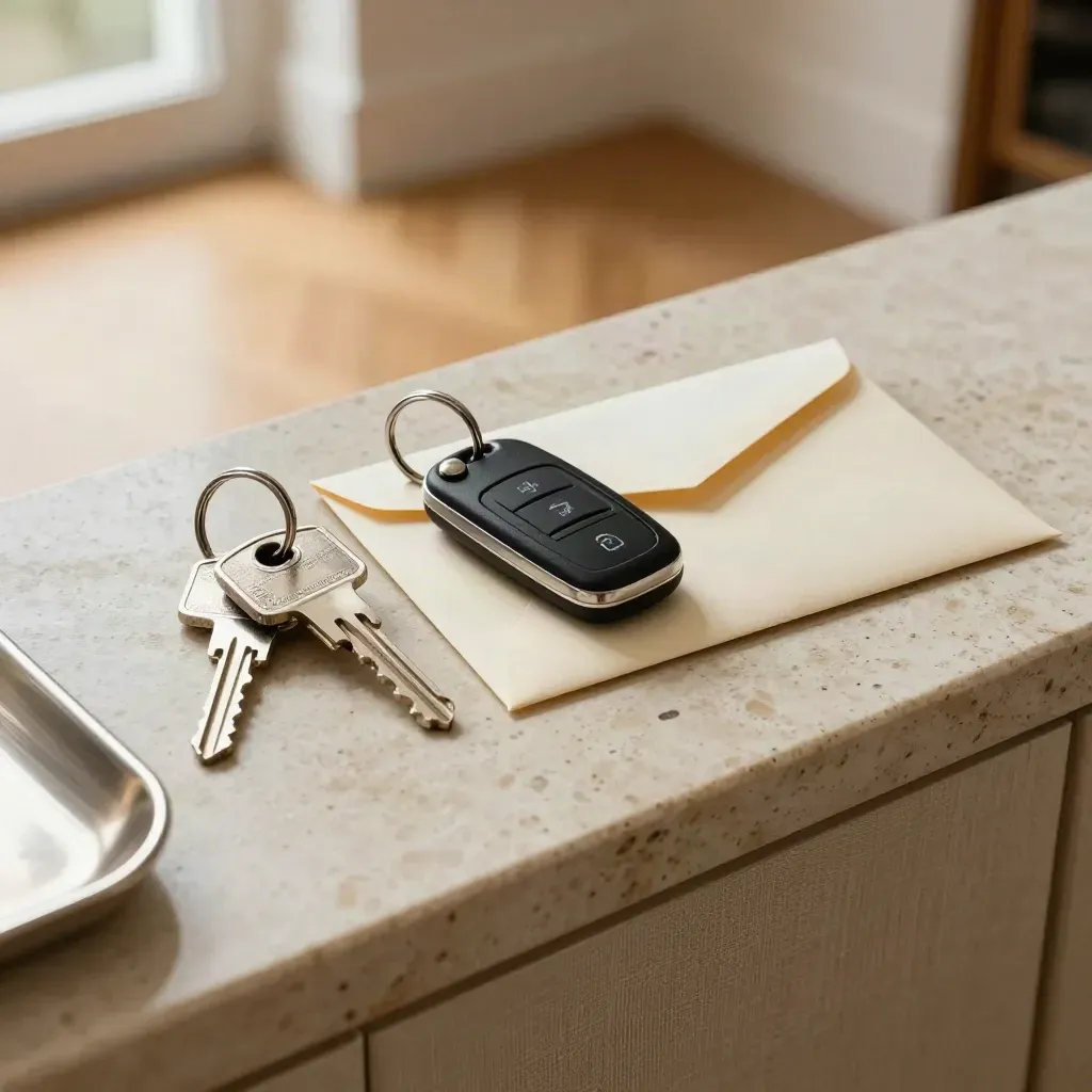 Loan key, car fob and cash envelope on stone console in warm light