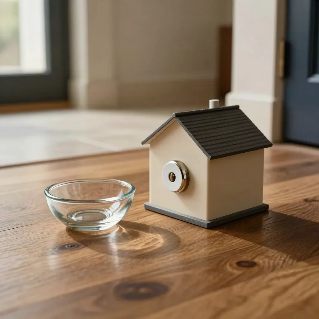 Condo foyer still life with roofline model, lock cylinder and glass key bowl on oak in warm light