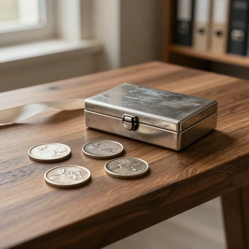 Steel clasp box gathering three silver payment tokens on warm walnut, debt consolidation concept.