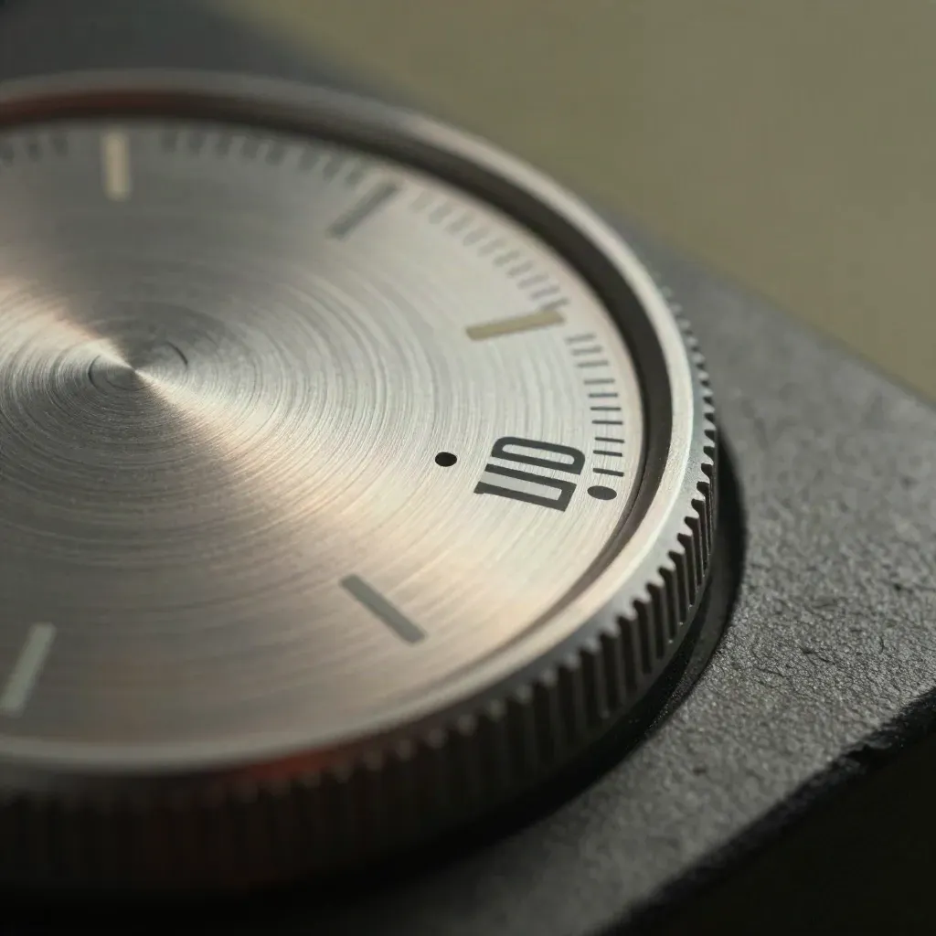 Brushed metal rate dial and payment disk in a cinematic macro on dark stone.