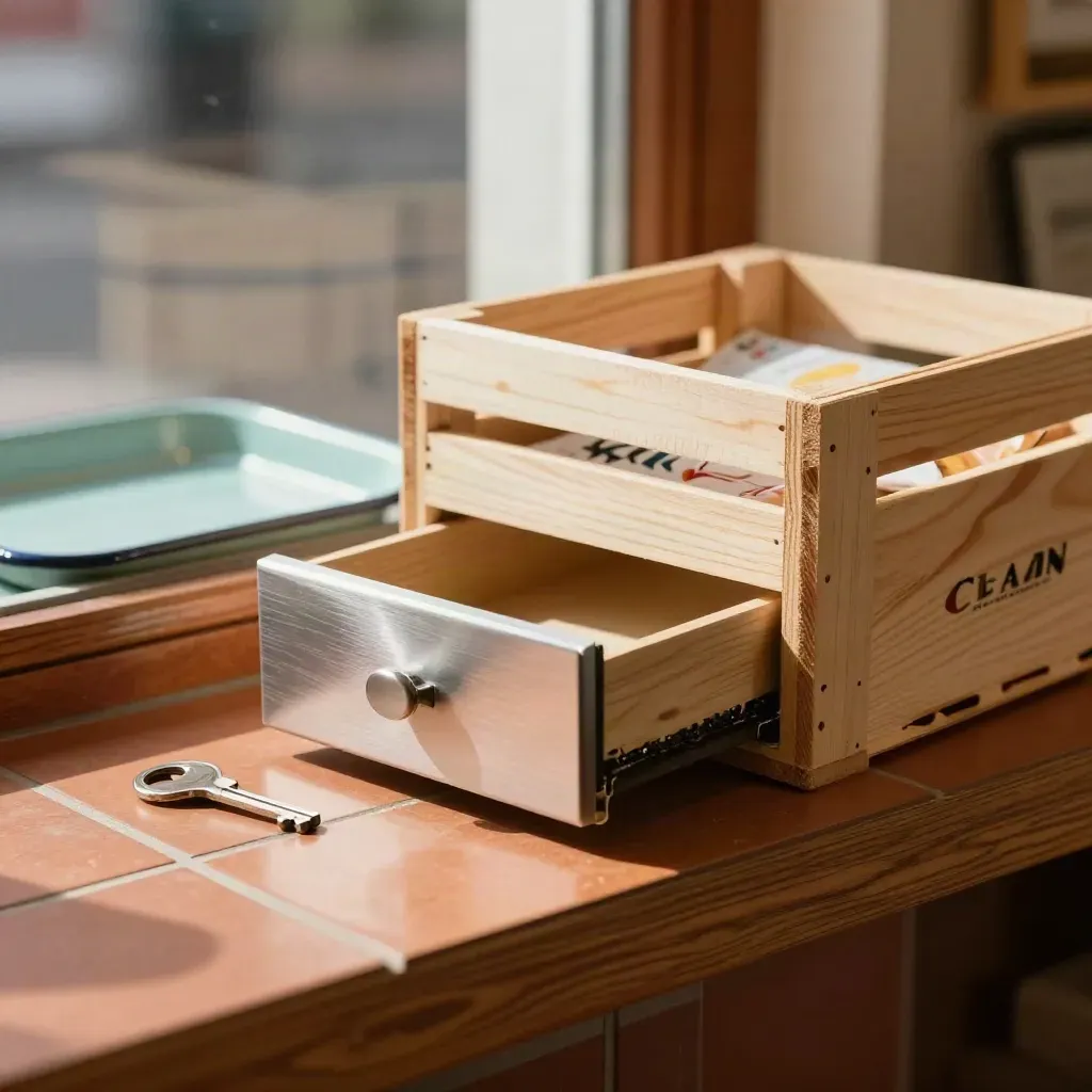 Mini cash drawer, metal key and shipping crate on a warm storefront counter in soft daylight.