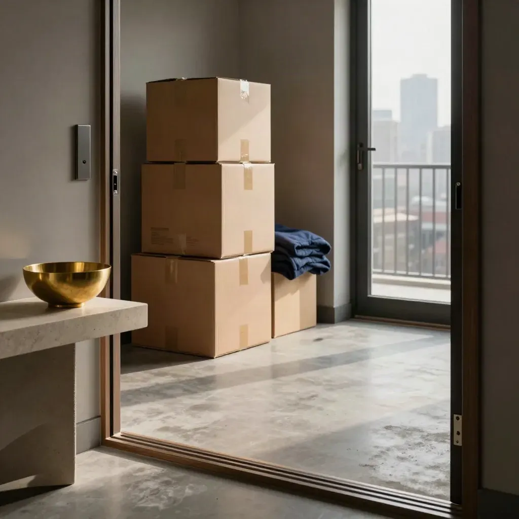 Staged condo entry with boxes, brass key bowl, and skyline light