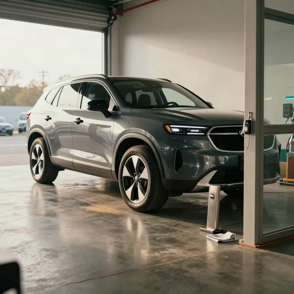 Polished Calgary SUV delivery bay with crossover and key-fob pedestal in cool light.