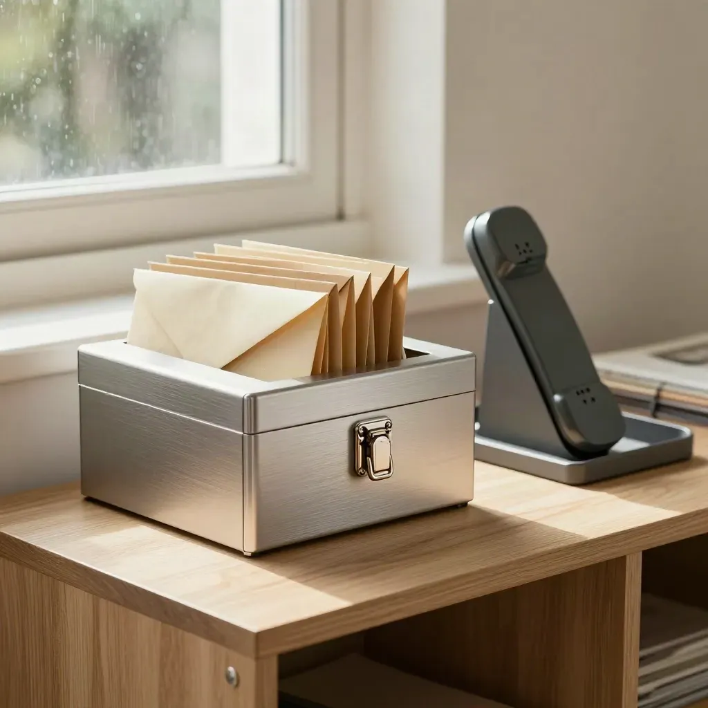 Silver lockbox, sorted envelopes, and phone cradle on a quiet apartment console in soft daylight