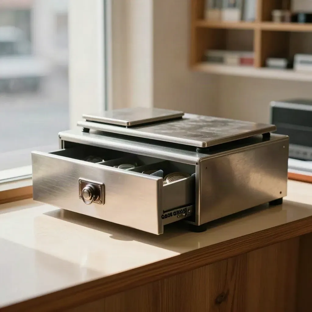 Close-up of a small-business lending counter with cash drawer, scale, and secure lock box.