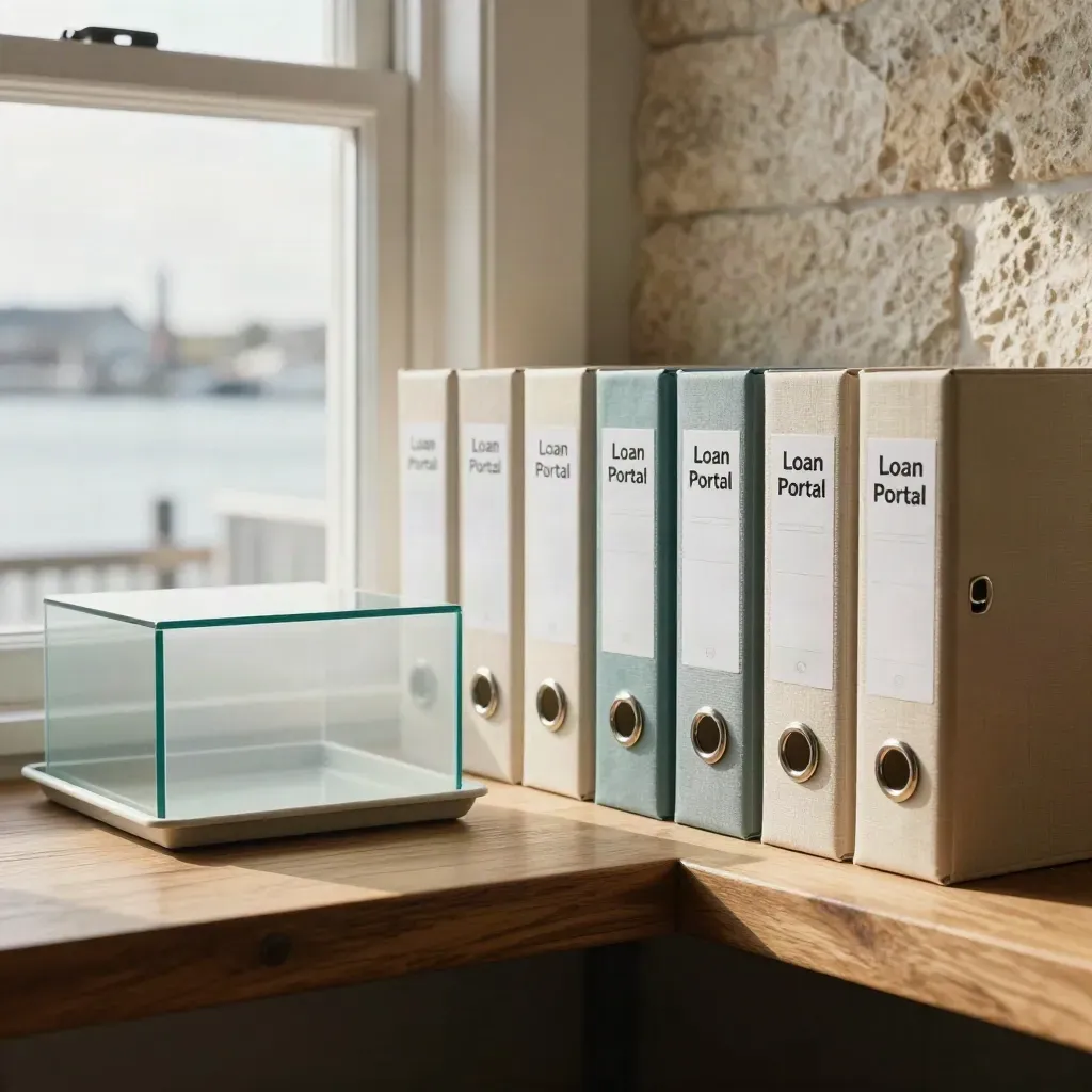 Neat Halifax loan office shelf with sorted file boxes and tray stack in warm window light