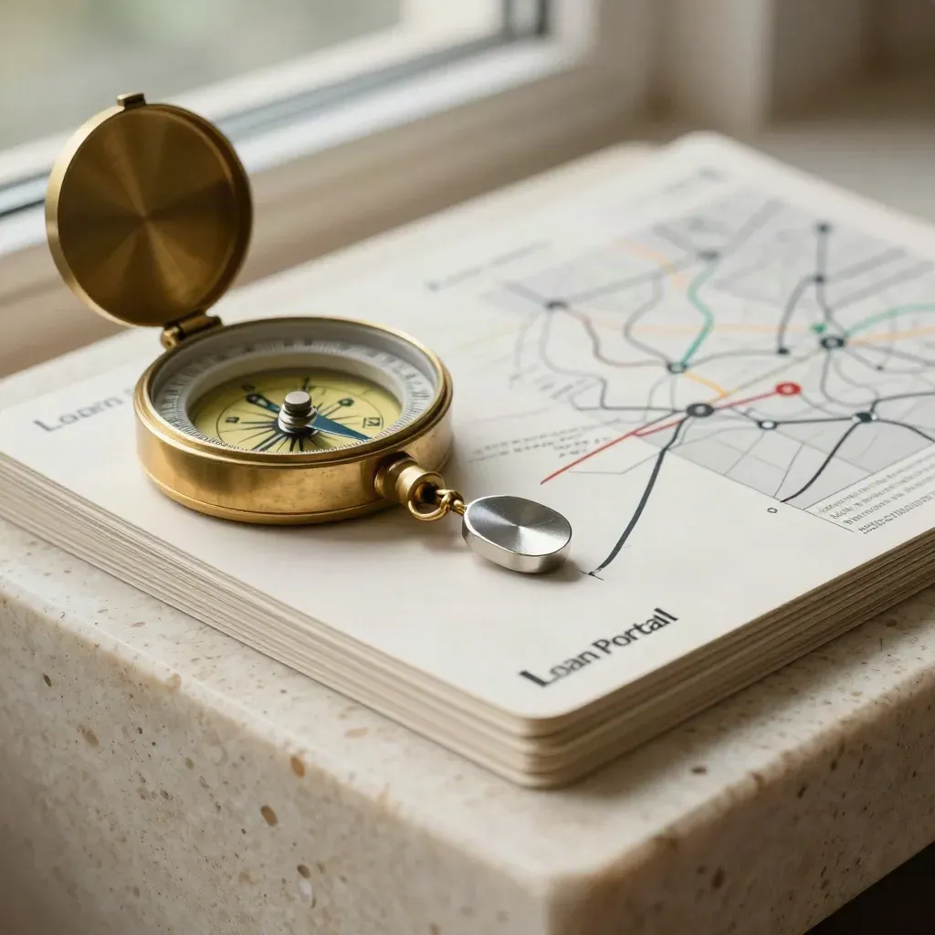 Brass compass and matte route-grid cards with color chips on travertine, dramatic low still life.