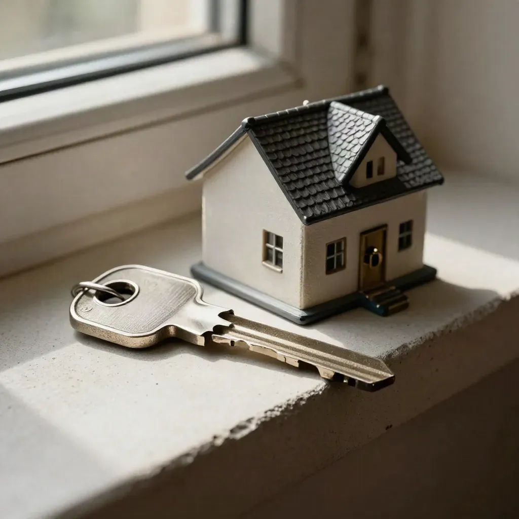 Close-up of a key, roofline model and lock cylinder on brushed metal and concrete.