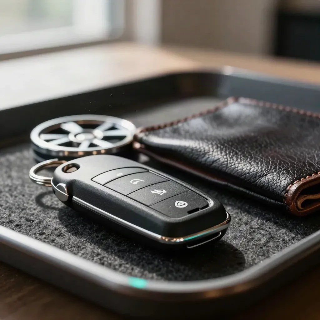 Macro still life of an auto key fob, alloy wheel cap, and leather swatch on charcoal felt.