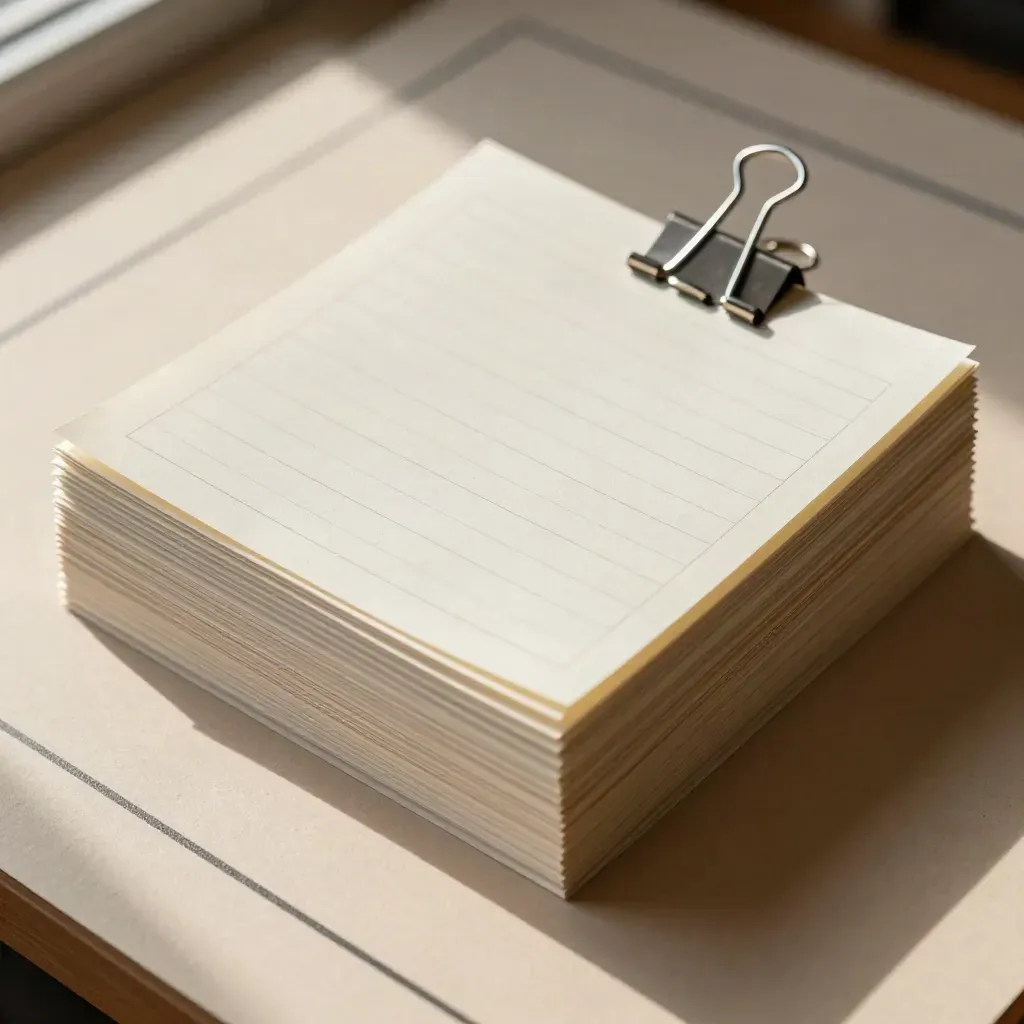 Top-down editorial stack of proof cards, color tabs and silver clips on warm paper stock.