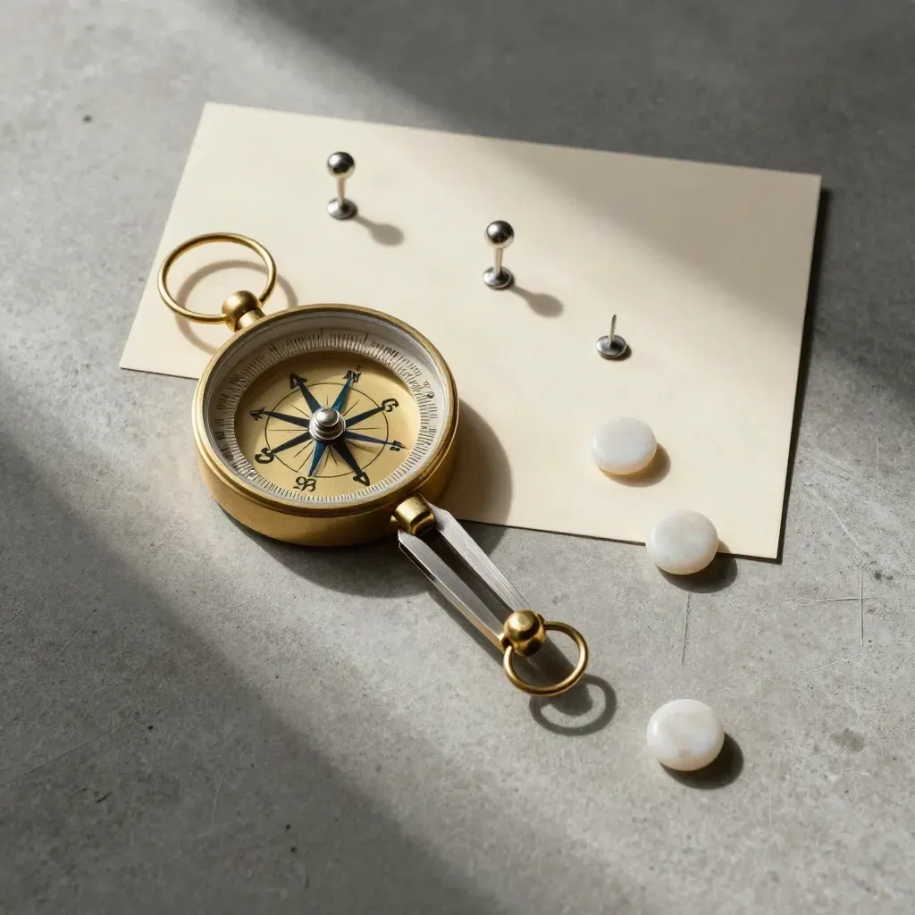 Brass compass, silver pins, and stone tokens in a diagonal route map on cool concrete.