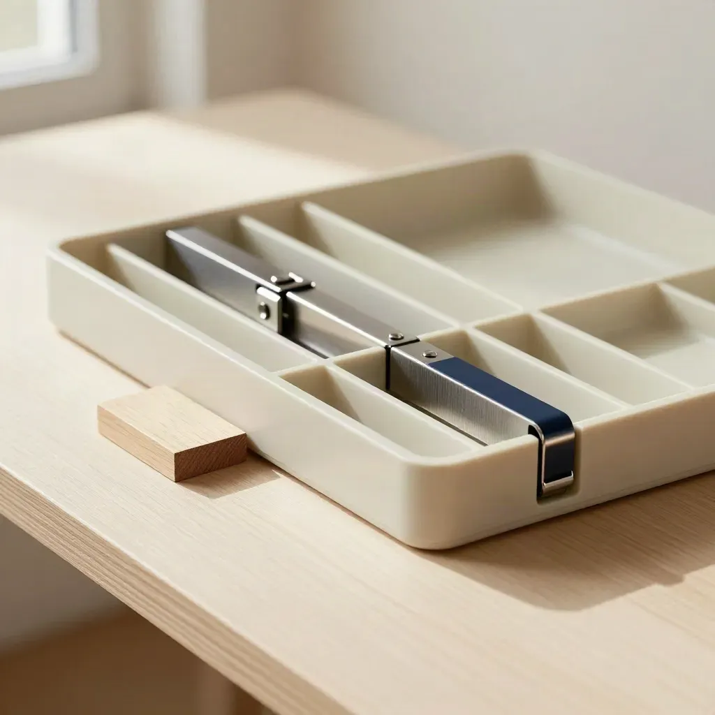 Overhead still life of tabs, clips, and a routing block on pale wood