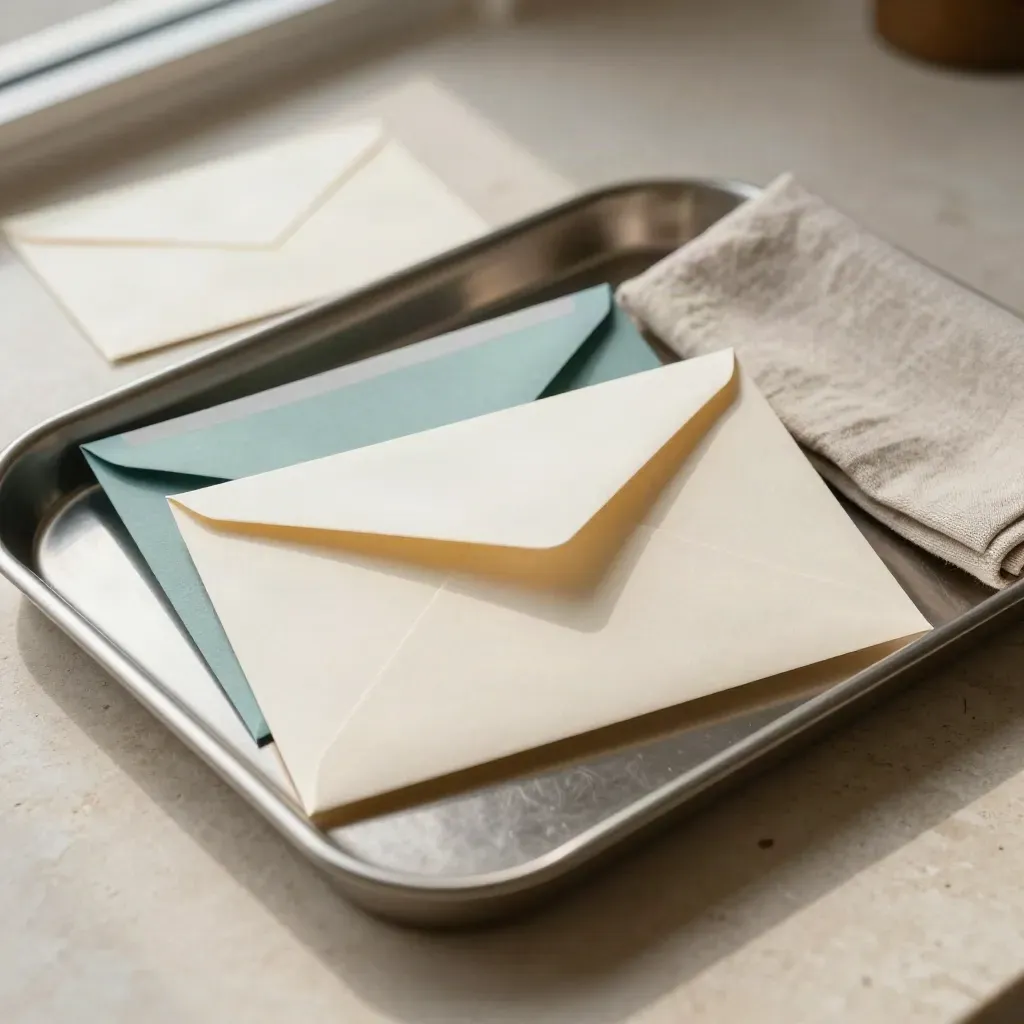 Stainless inbox tray with three sealed envelopes, teal divider bars, and linen on pale stone