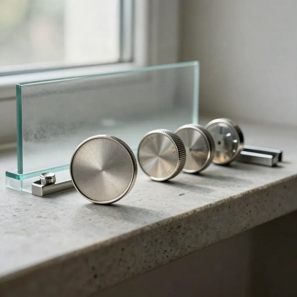 Silver loan-review tokens, dial and alignment clips on a stone shelf in soft side light.