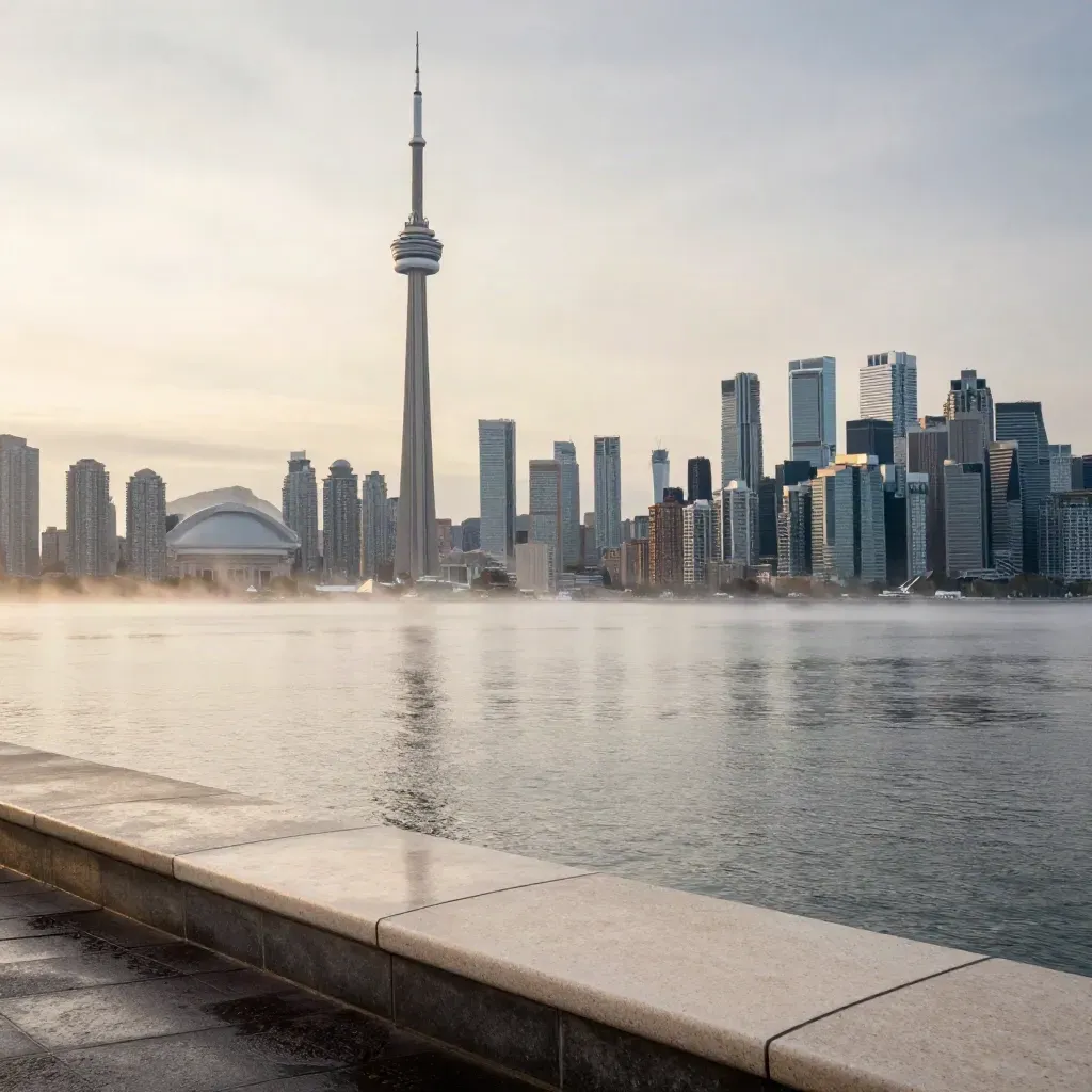 Toronto skyline and CN Tower above calm misty Lake Ontario at sunrise
