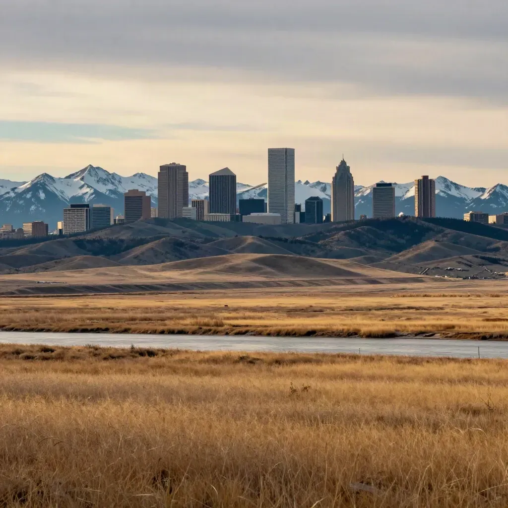 Calgary skyline and the Rockies above a calm prairie foreground in hazy late-afternoon light