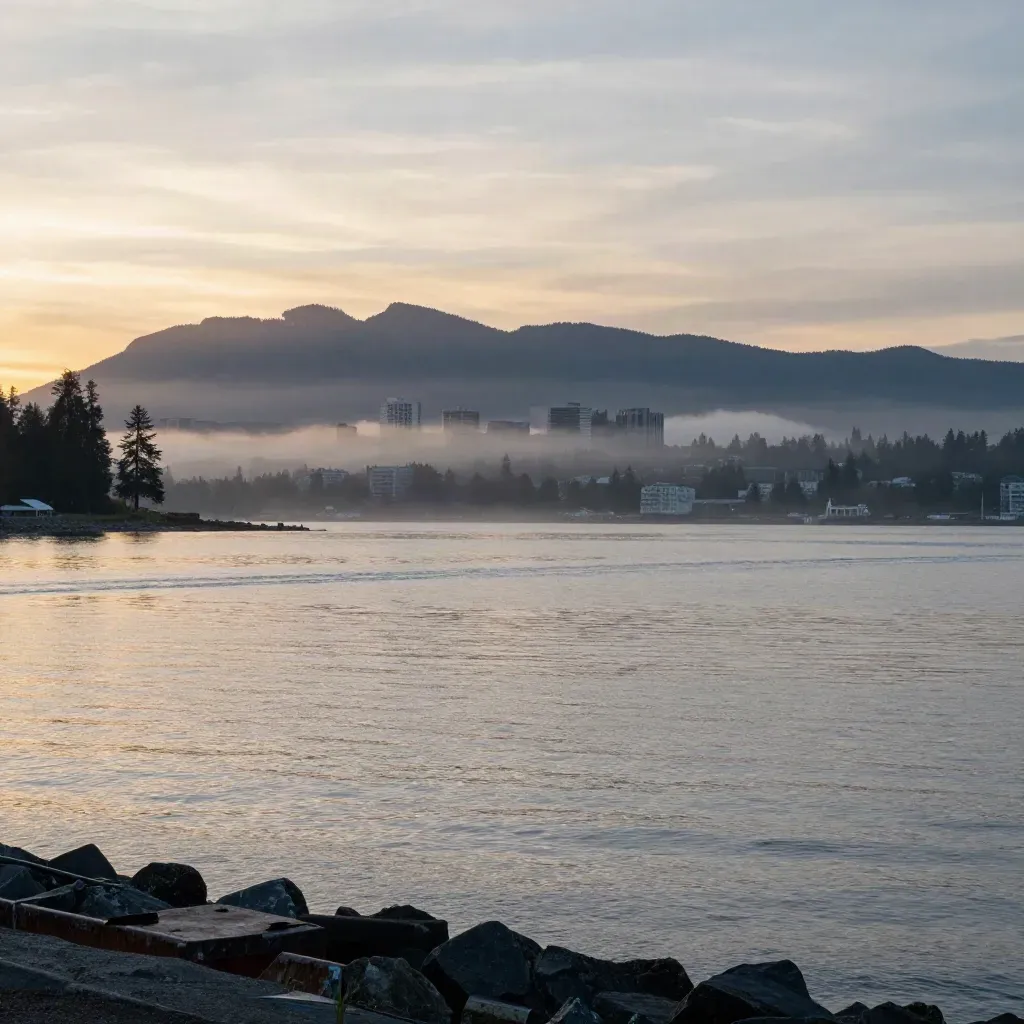 Vancouver harbour at golden hour with North Shore mountains and calm water under misty silver light