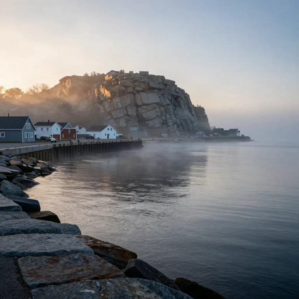 Foggy Halifax harbour with Citadel Hill high above a calm misty waterfront.