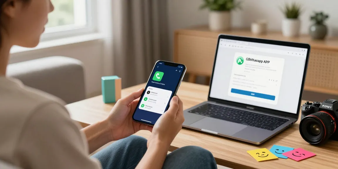 Explore features of GBWhatsApp APK download in a modern home setting at https://gbapps.net/gbwhatsapp-apk-dl/ with smartphone and laptop.