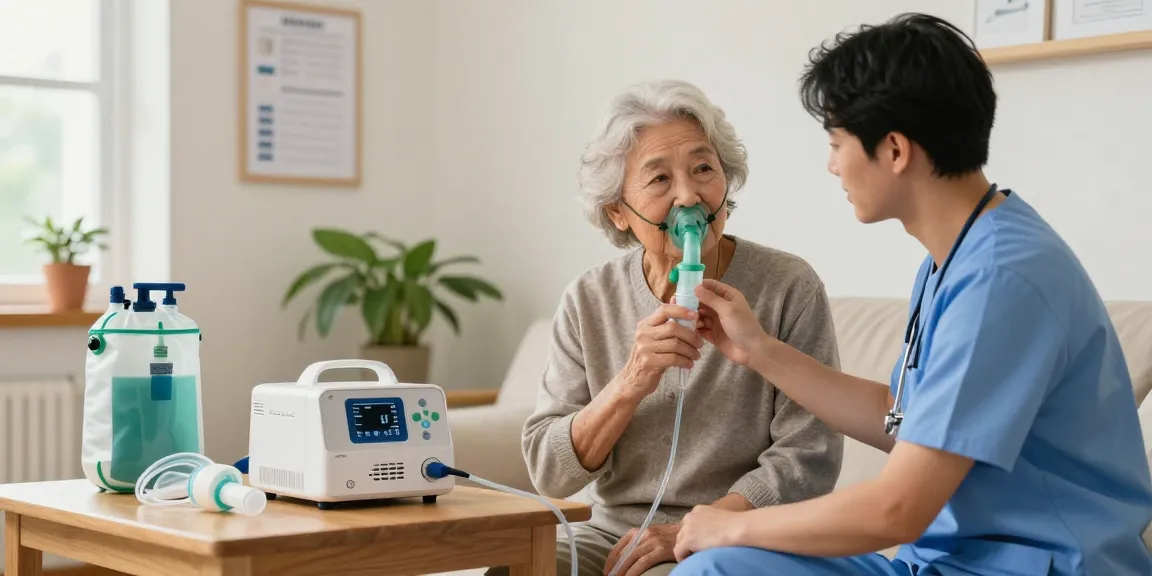 Caregiver adjusting oxygen concentrator supplies for elderly patient in a warm healthcare setting.