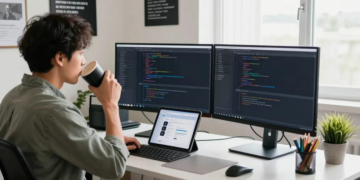 Developer working at dual monitors in a bright office, showcasing the WPS Official Website.