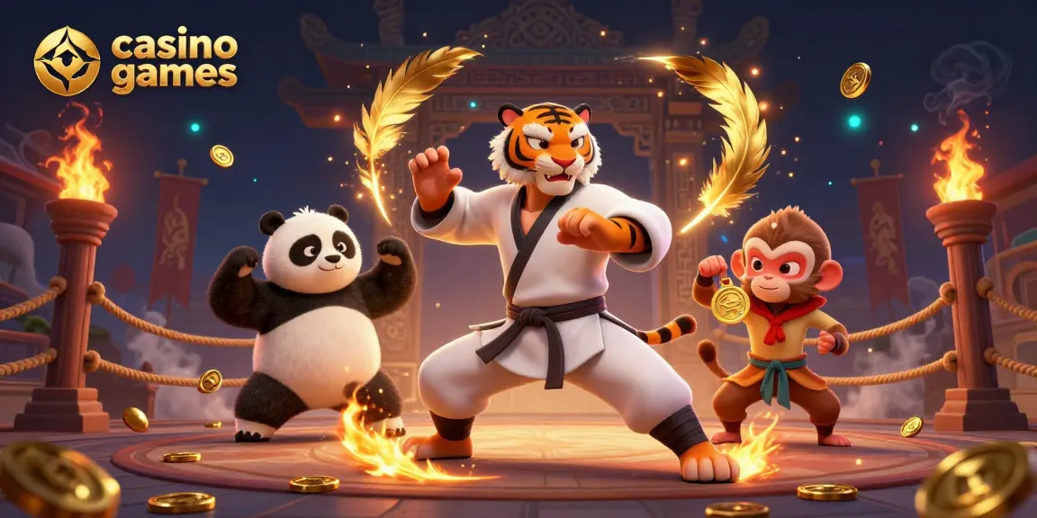 Engage in thrilling casino games with the kung fu tiger, panda disciple, and monkey stealing gold coins.